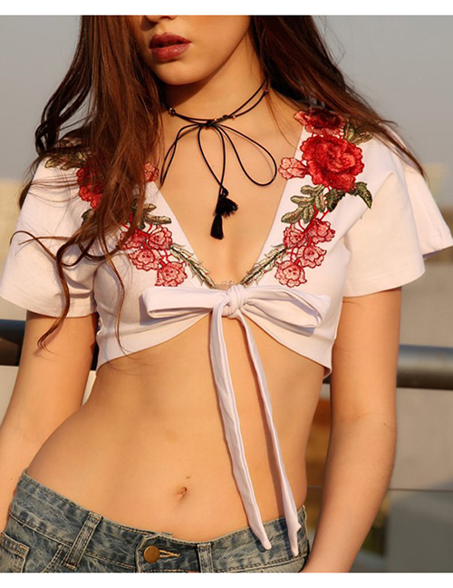 Sexy White Embroidery Flower Decorated Short Sleeves Blouse