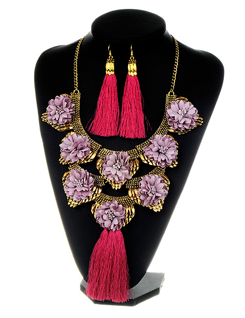 Fashion Plum Red +purple Flower&tassel Decorated Jewelry Sets