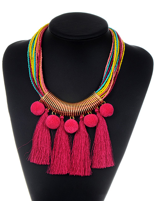 Fashion Plum Red Tassel&fuzzy Ball Decorated Necklace