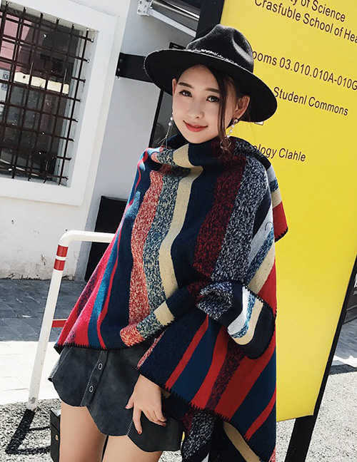 Fashion Red+blue Stripe Pattern Decorated Color Matching Shawl