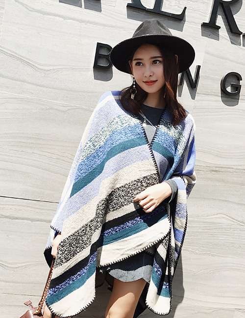 Fashion Beige+blue Stripe Pattern Decorated Color Matching Shawl