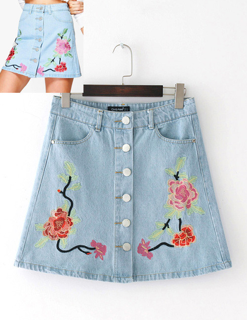 Fashion Blue Flower Decorated Simple Jeans Skirt