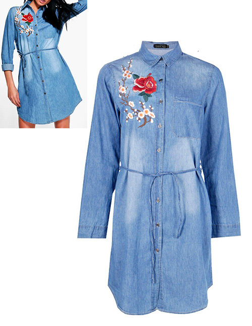 Fashion Blue Flower Decorated Long Sleeves Dress