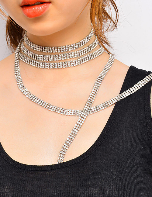 Elegant Silver Color Full Diamond Decorated Long Tassel Design Necklace