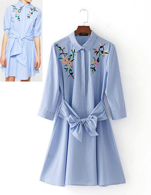Fashion Blue+white Bowknot Decorated Long Sleeves Dress