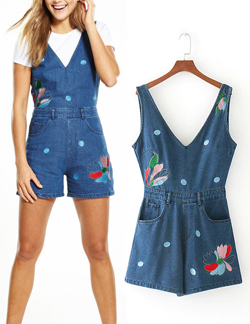 Fashion Blue Embroidery Flower Decorated Jumpsuits