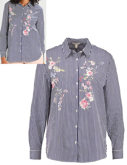 Vintage Navy Embroidery Flower Decorated Long Sleeves Shirt