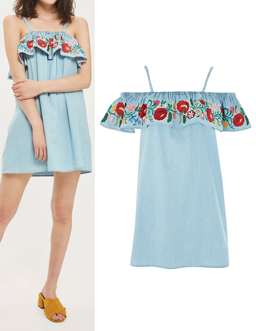 Retro Blue Off The Shoulder Decorated Dress