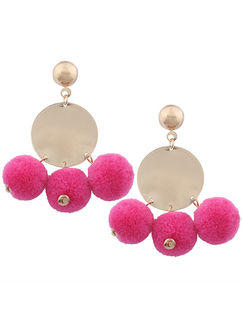 Bohemia Plum-red Fuzzy Ball Decorated Pom Earrings