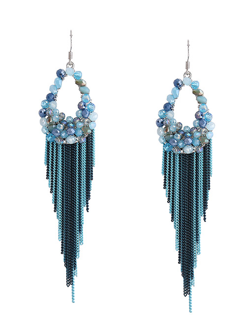 Elegant Blue Oval Shape Decorated Tassel Earrings