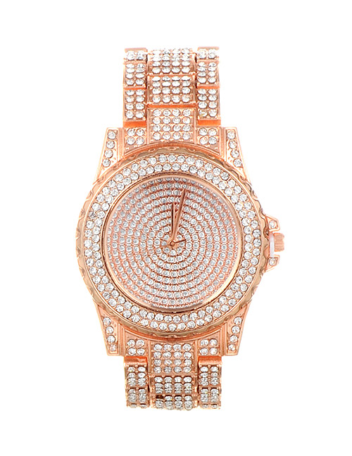 Fashion Rose Gold Diamond Decorated Round Dial Design Watch