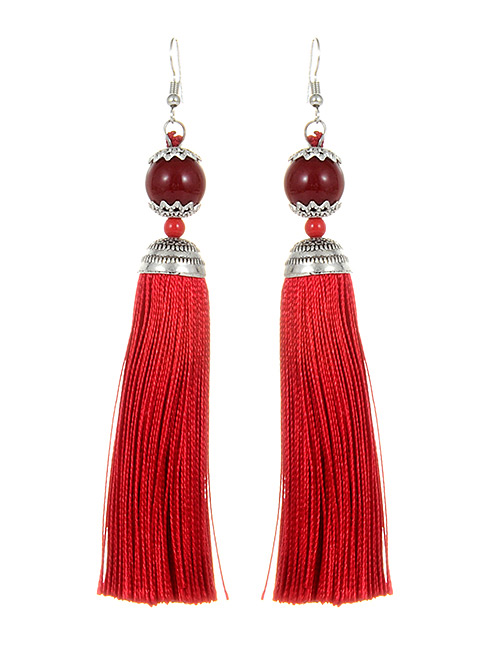 Fashion Claret Red Tassel Decorated Pure Color Earrings