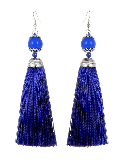 Fashion Sapphire Blue Tassel Decorated Pure Color Earrings