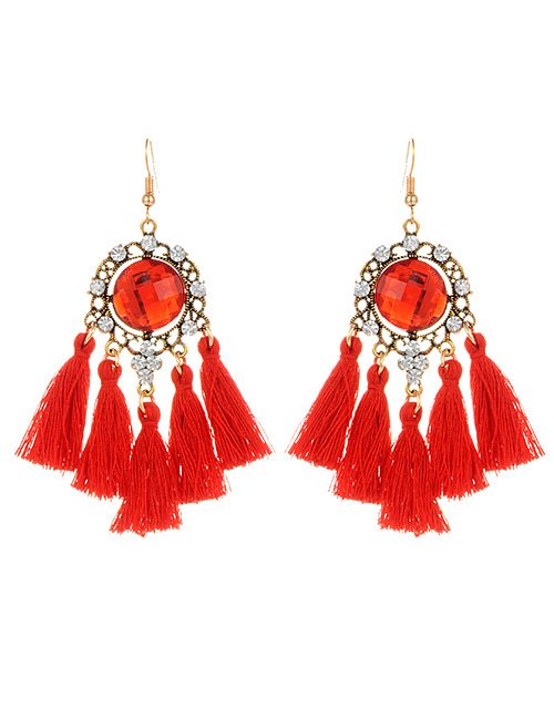 Fashion Red Round Shape Diamond Decorated Tassel Earrings
