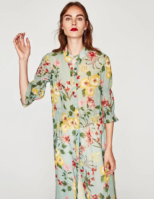 Vintage Multi-color Flower Shape Decorated Long Shirt