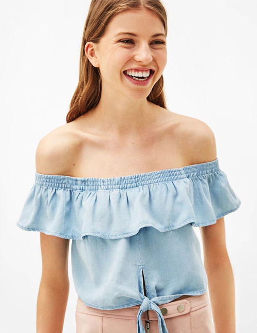Fashion Blue Off The Shoulder Decorated Blouse