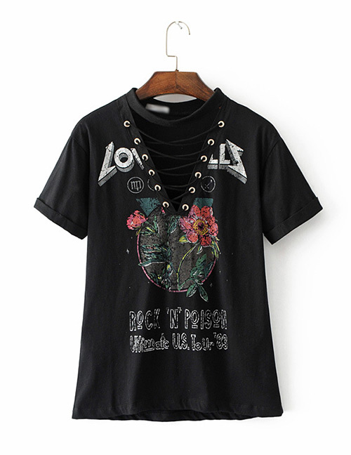 Sexy Black Hollow Out Decorated T-shirt