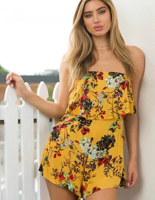 Sexy Yellow Off The Shoulder Decorated Jumpsuits