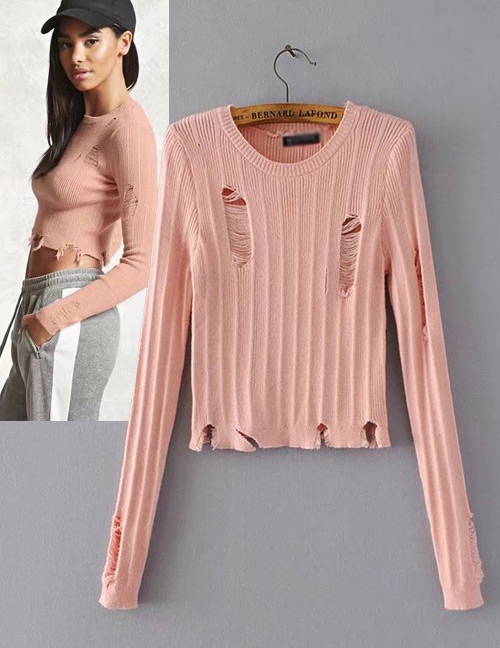 Fashion Pink Pure Color Decorated Sweater (Amc_撕毁毛衣粉红色聚酯纤维873id554927787275)
