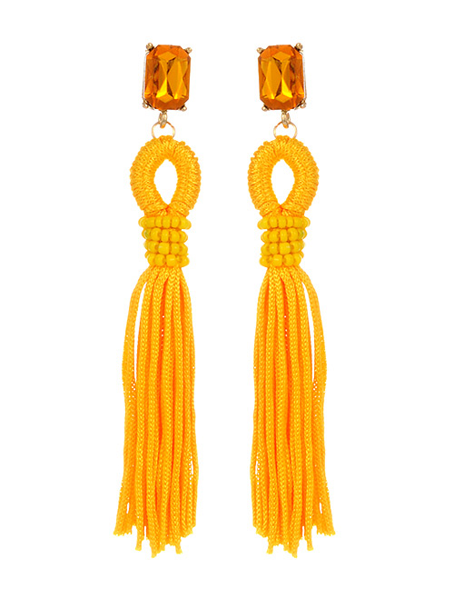 Behemia Orange Square Shape Diamond Decorated Tassel Earrings
