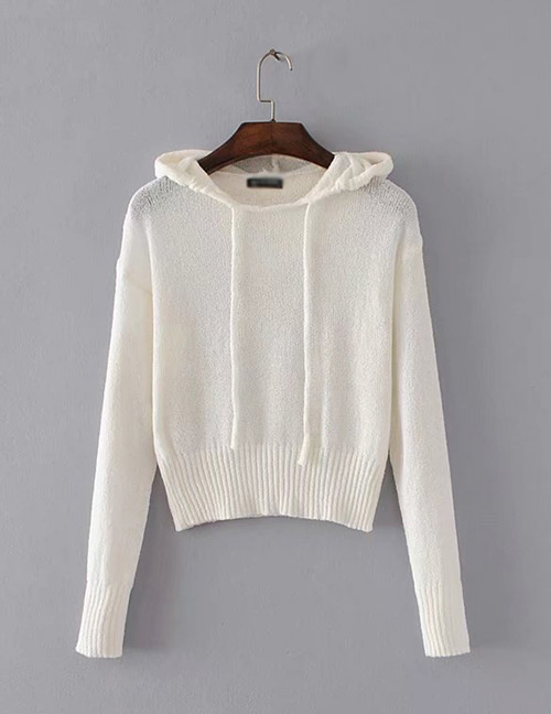 Fashion White Pure Color Decorated Sweater (Amc_连帽珠兰毛衣白色棉871id554764460506)