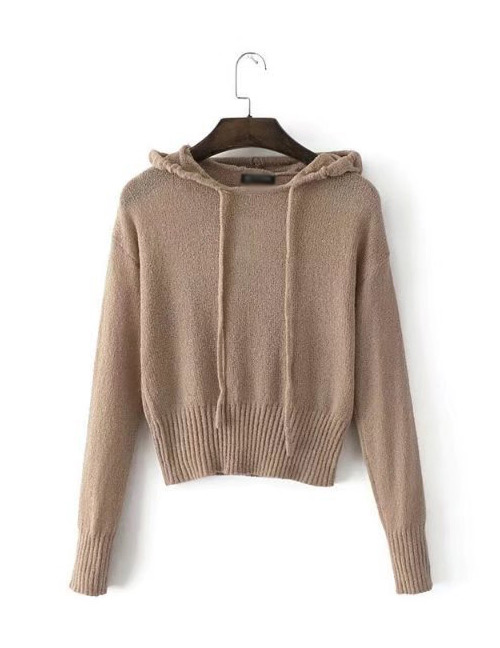 Fashion Khaki Pure Color Decorated Sweater (Amc_连帽珠兰毛衣卡其色棉871id554764460506)