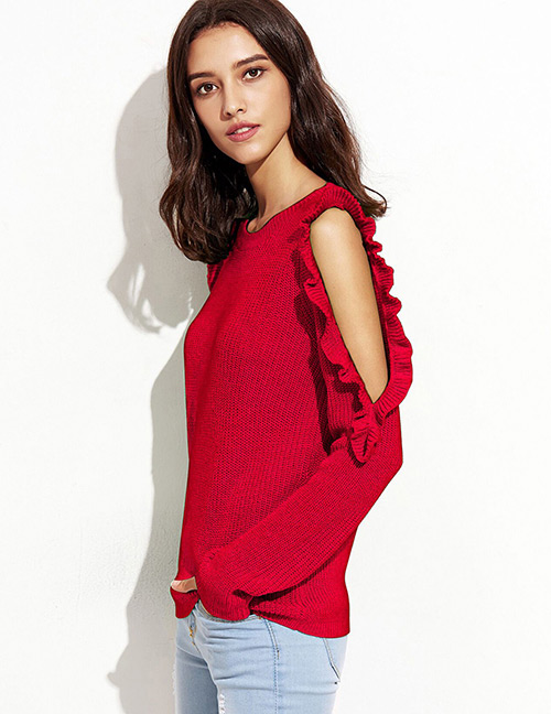 Elegant Red Pure Color Decorated Sweater