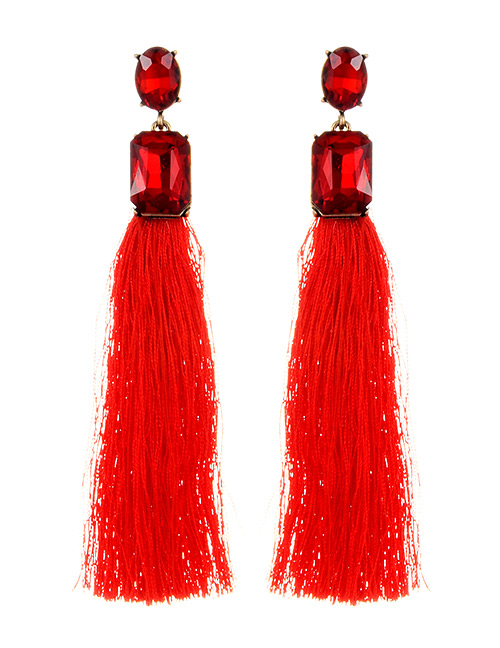Elegant Red Square Shape Decorated Tassel Earrings