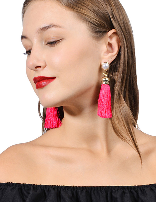Bohemia Plum-red Round Shape Decorated Tassel Earrings