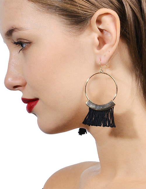 Bohemia Black Tassel Decorated Round Earrings