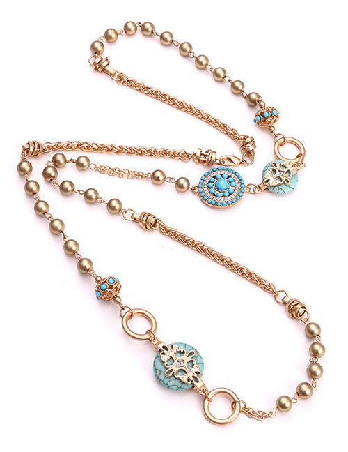 Fashion Blue Round Shape Decorated Long Necklace