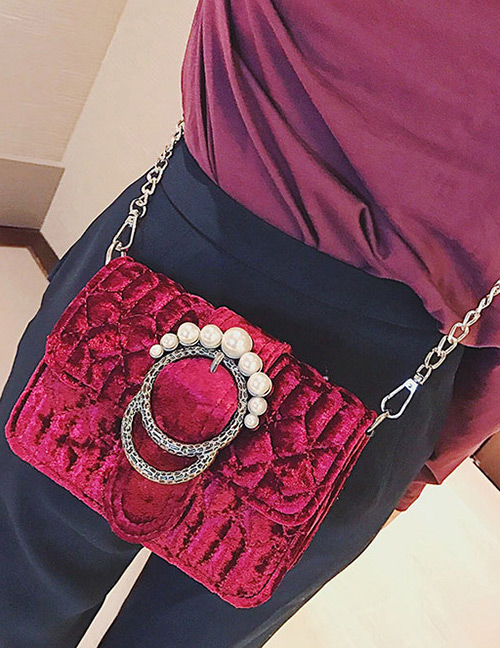 Elegant Claret-red Round Shape Decorated Shoulder Bag