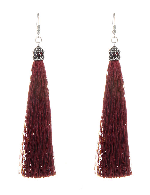 Bohemia Claret-red Pure Color Decorated Tassel Earrings