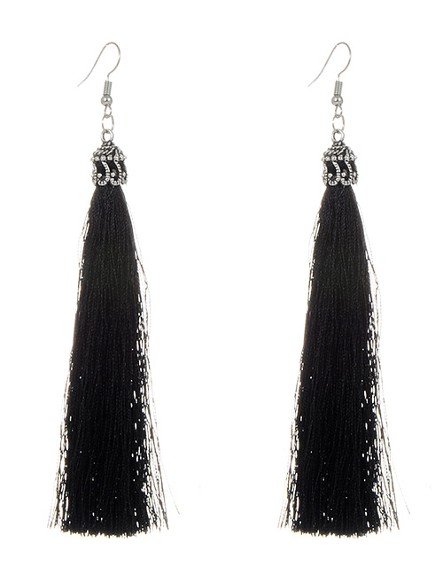 Bohemia Black Pure Color Decorated Tassel Earrings