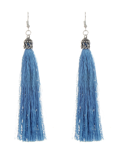 Bohemia Blue Pure Color Decorated Tassel Earrings