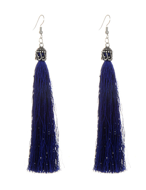 Bohemia Sapphire Blue Pure Color Decorated Tassel Earrings