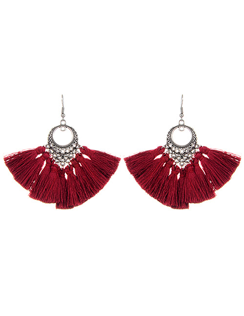 Bohemia Claret-red Round Shape Decorated Tassel Earrings
