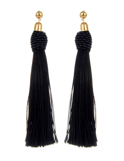 Bohemia Navy Pure Color Decorated Tassel Earrings