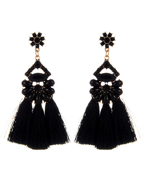 Vintage Black Oval Shape Decorated Tassel Earrings