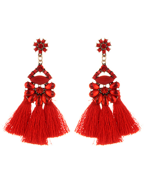 Vintage Red Oval Shape Decorated Tassel Earrings