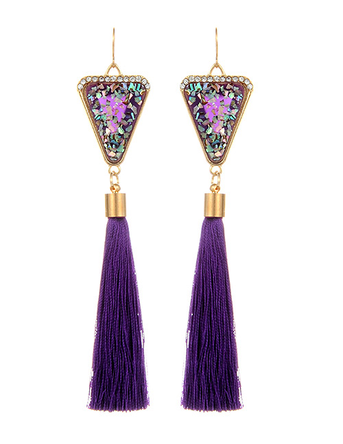 Retro Purple Triangle Decorated Tassel Earrings