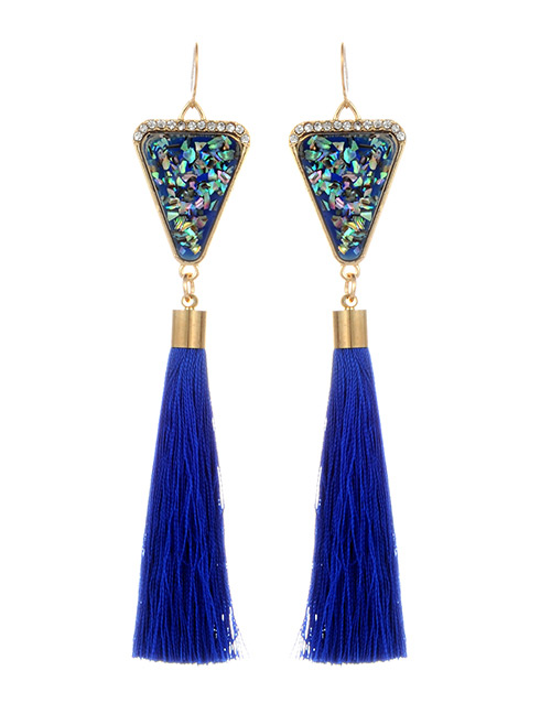 Retro Sapphire Blue Triangle Decorated Tassel Earrings