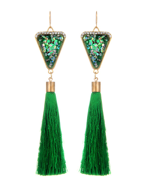 Retro Green Triangle Decorated Tassel Earrings