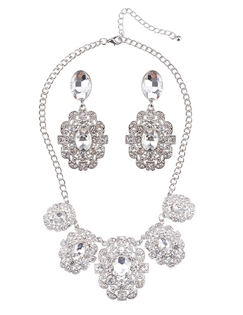 Luxury Silver Color Round Shape Diamond Decorated Jewelry Sets