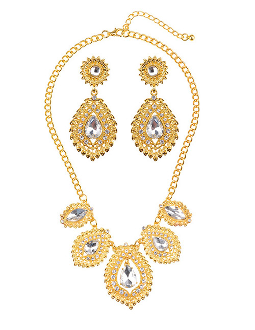 Luxury Gold Color Waterdrop Shape Diamond Decorated Jewelry Sets
