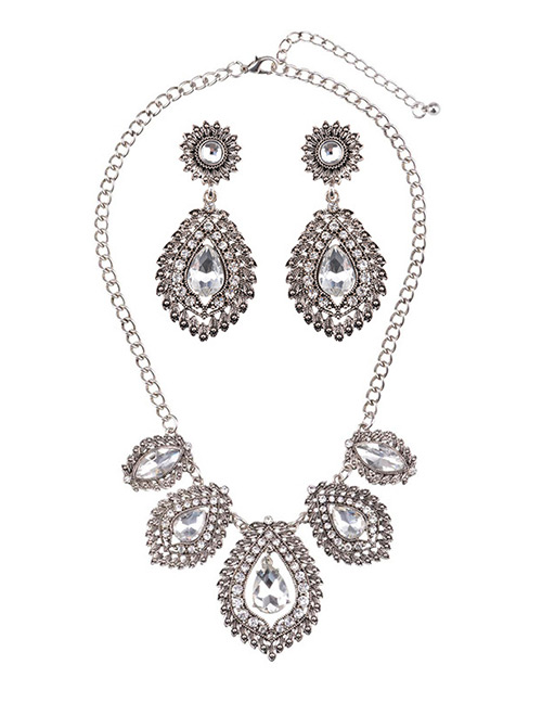 Luxury Silver Color Waterdrop Shape Diamond Decorated Jewelry Sets