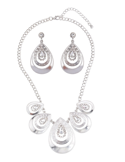 Exaggerated Silver Color Watershape Shape Diamond Decorated Jewelry Sets