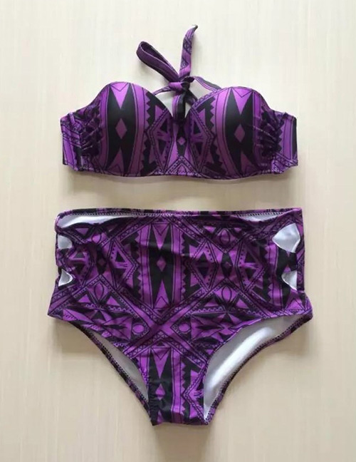 Sexy Purple Geometric Shape Decorated Swimwear