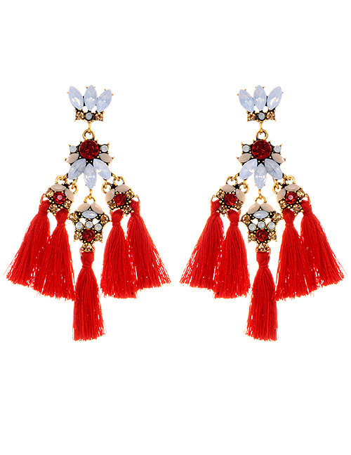 Elegant Red Oval Shape Decorated Tassel Earrings