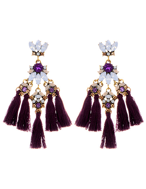 Elegant Purple Oval Shape Decorated Tassel Earrings